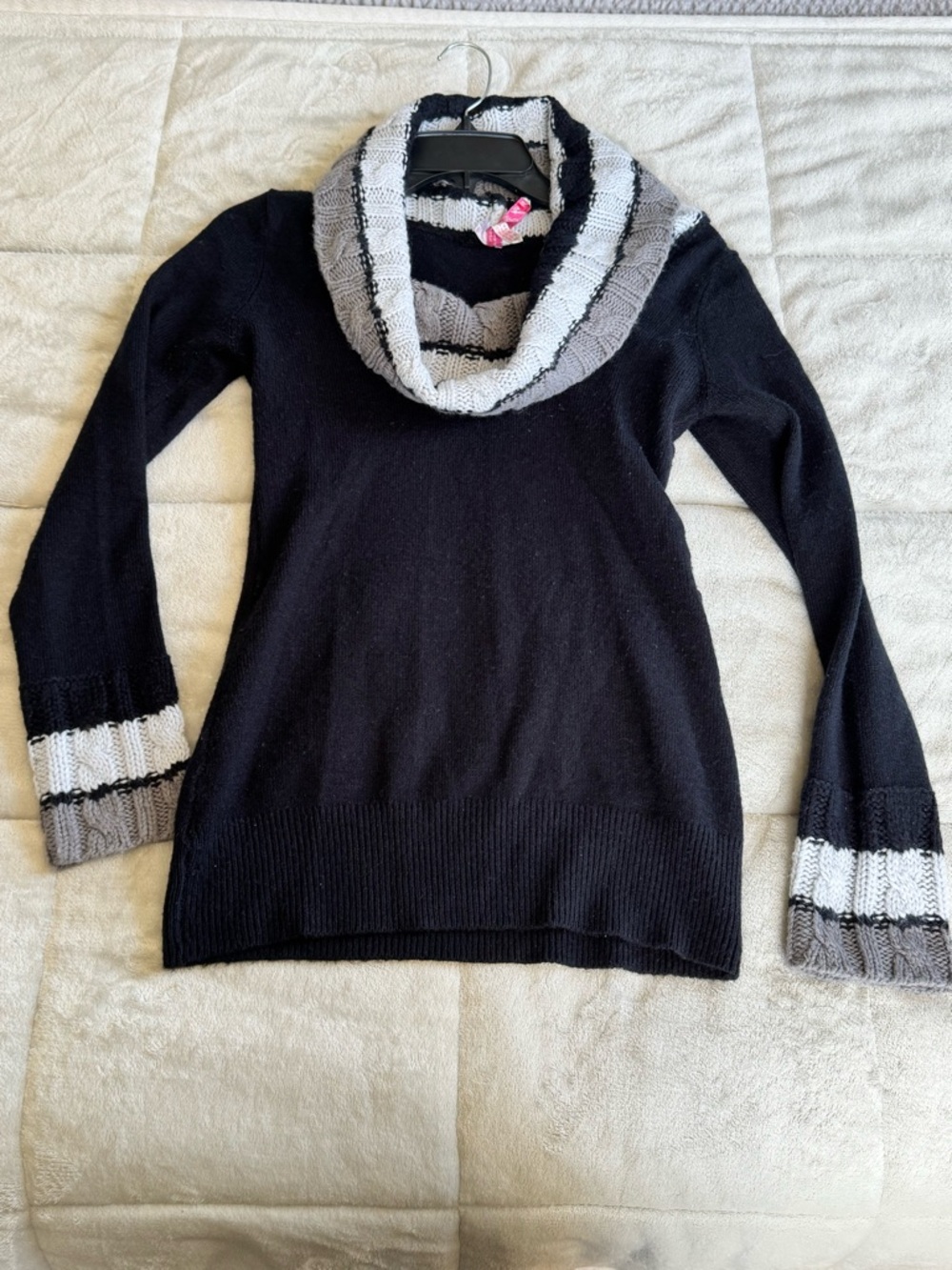 Derek Heart Black Cowl Sweater with Gray & White Stripe Accents